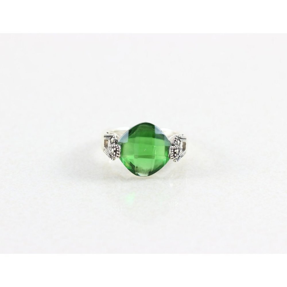 Sterling Silver Green Glass Simulated Emerald CZ and Marcasite Ring Size 6 1/4